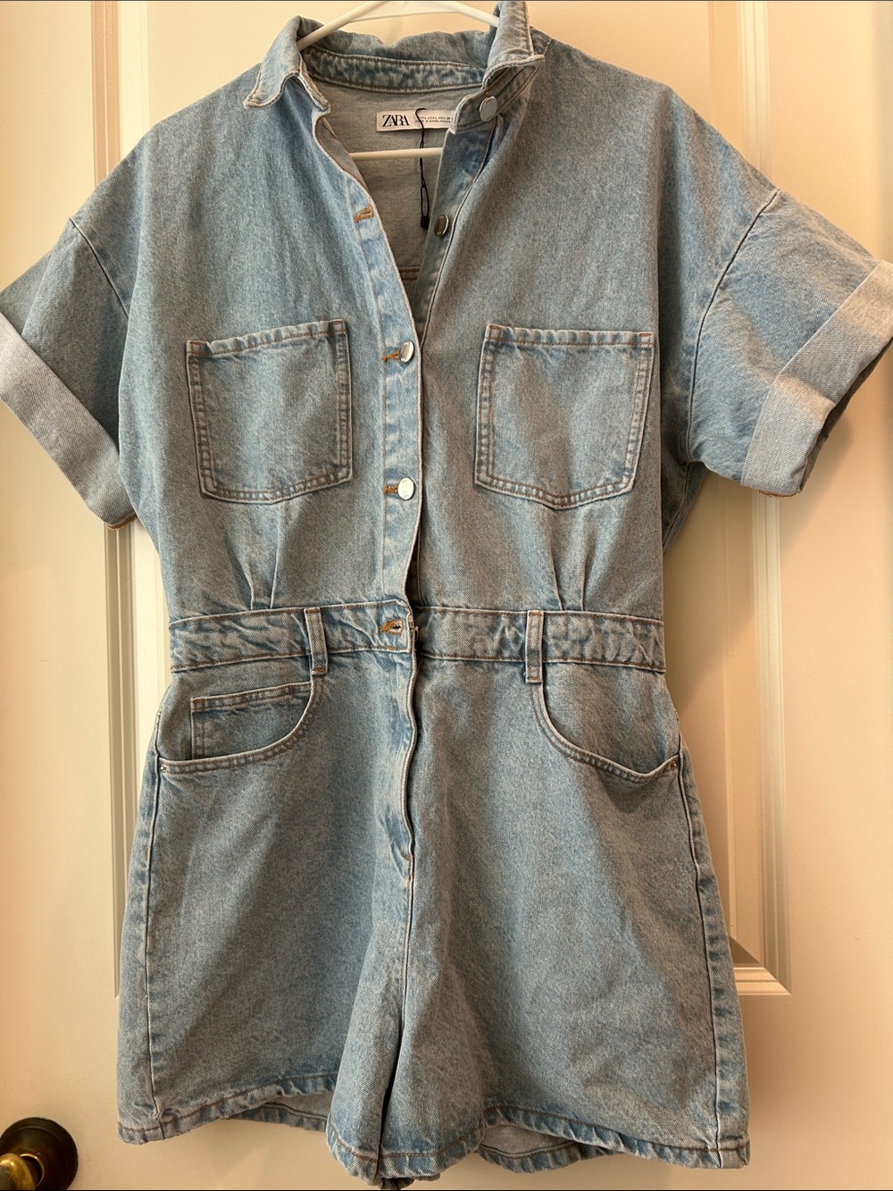 Zara One-Piece Denim Jean Romper elastic waistband w/cuffed Short Sleeves size L